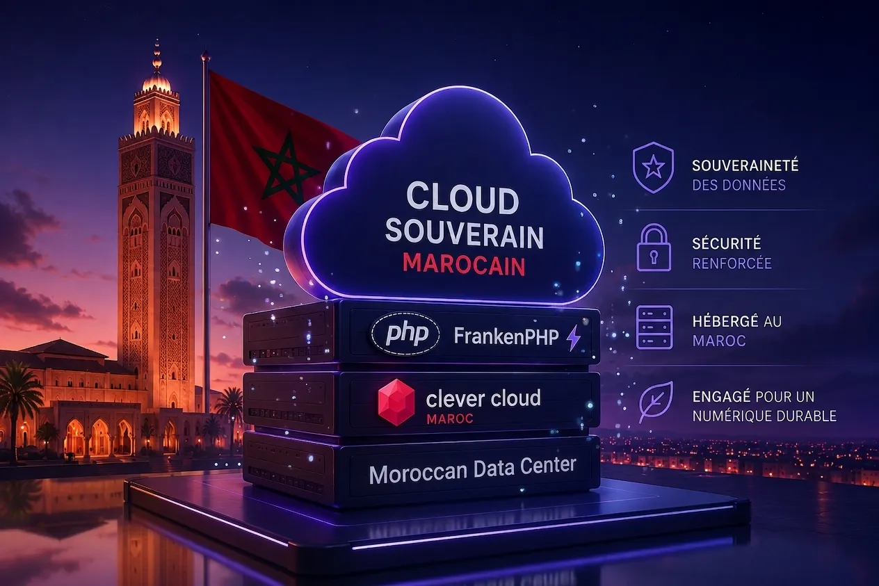 Cloud souverain marocain : minaret de la Koutoubia et drapeau du Maroc, serveurs Clever Cloud Maroc et FrankenPHP, data center hébergé au Maroc